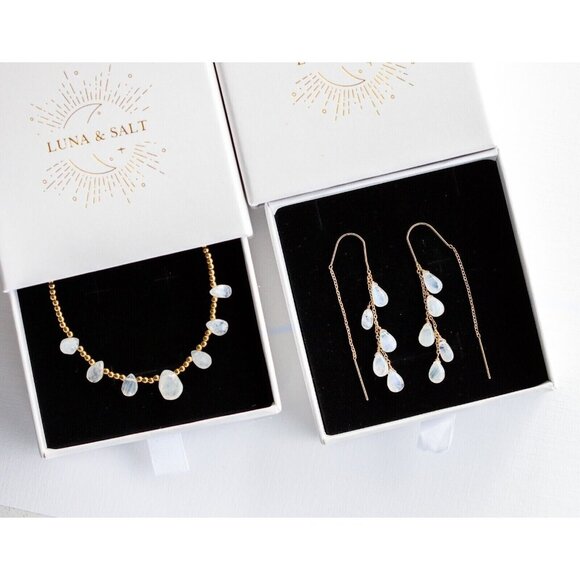 Rainbow Moonstone Threader Earrings Gemstone Dangle Earring Non-tarnish Gold - Picture 2 of 14